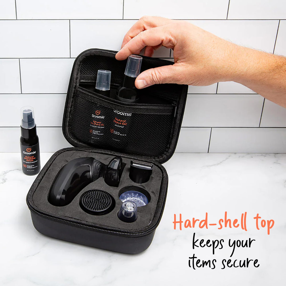 Groomie Natural Shave Gel and skincare fit neatly for travel.