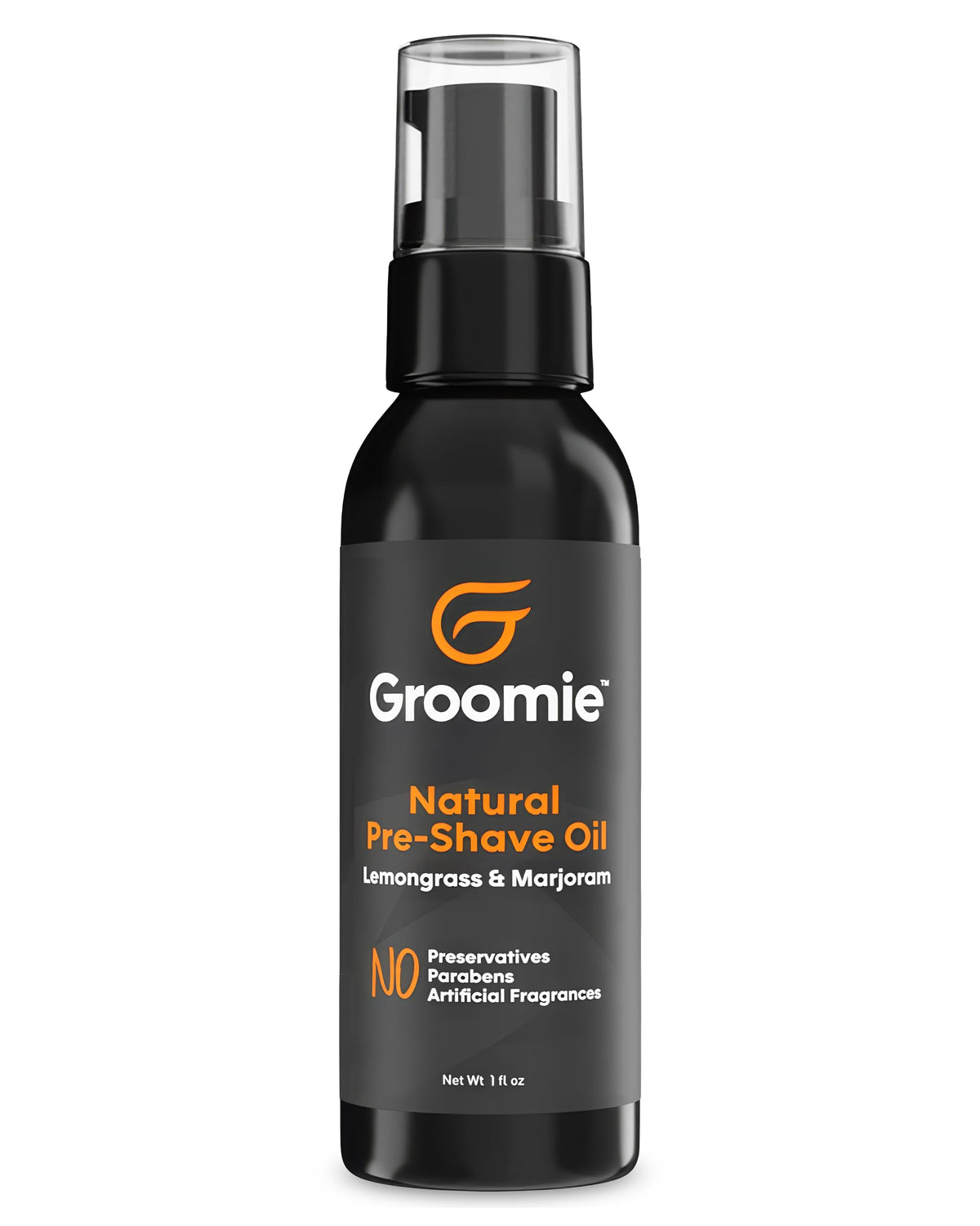 Groomie pre-shave oil bottle closeup for a smooth, close shave.