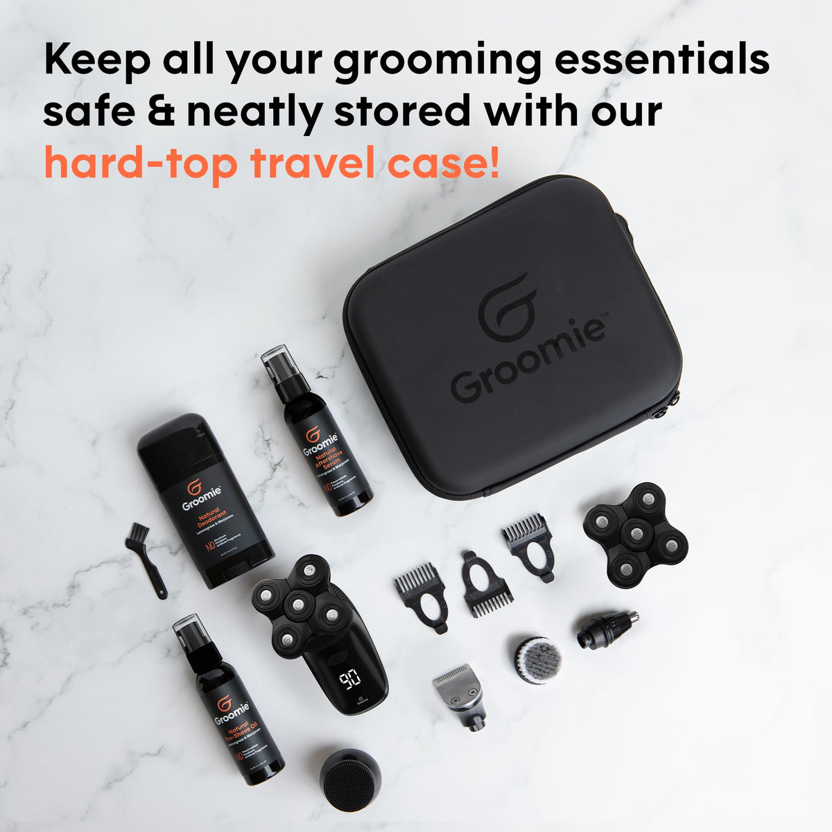 Groomie travel case hard-top protection shields gear during transport.