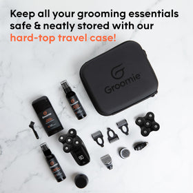 Groomie travel case hard-top protection shields gear during transport.