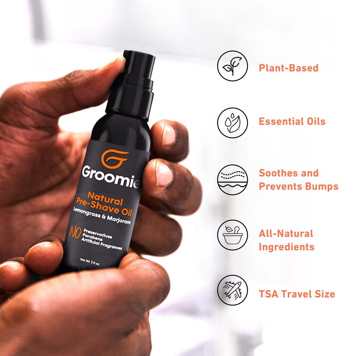 Groomie 1oz travel-size bottle for on-the-go grooming.
