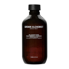 Grown Alchemist Balancing Toner bottle with rose promotes balanced skin and radiant glow.