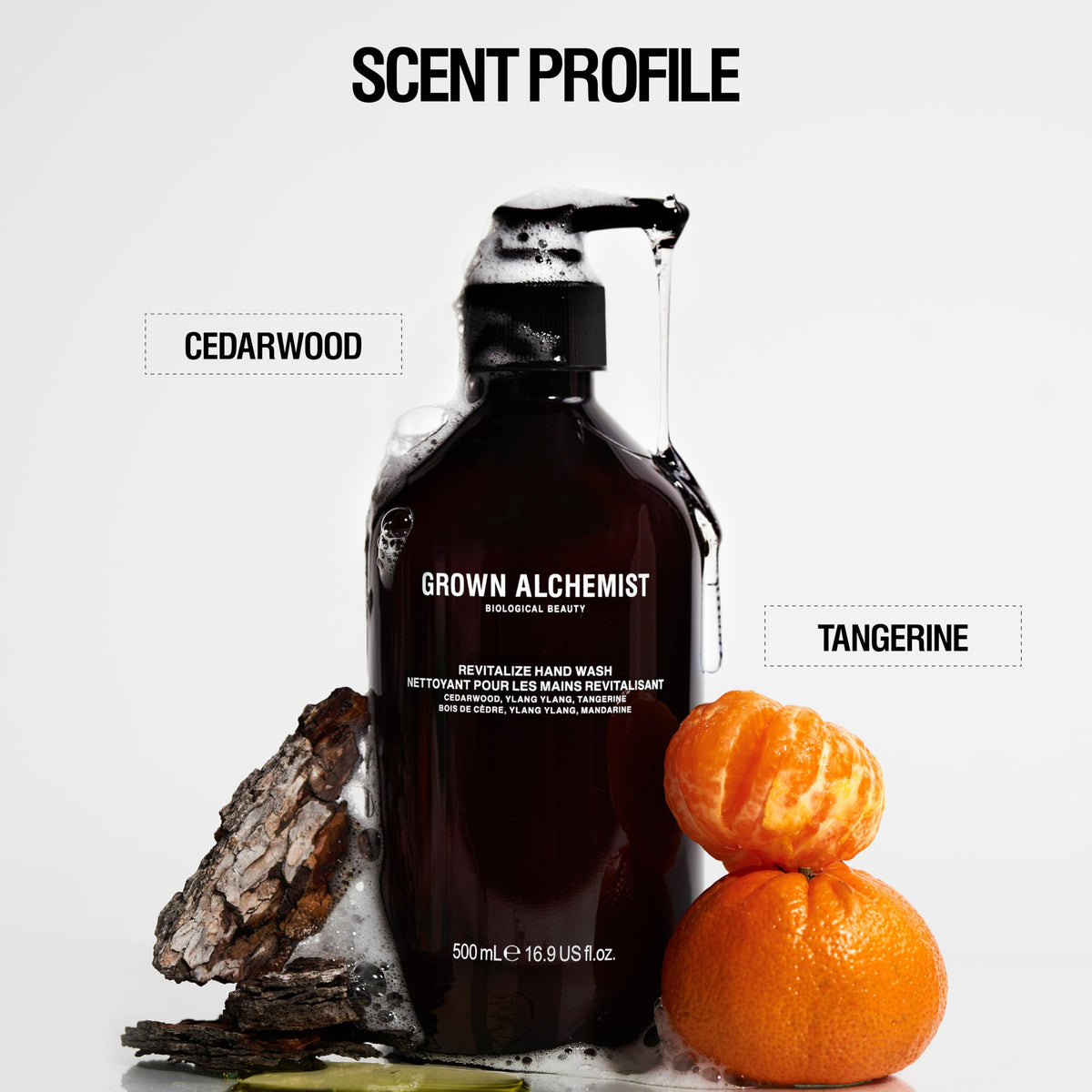 Grown Alchemist botanical ingredients close-up highlight natural extracts for mild cleansing.