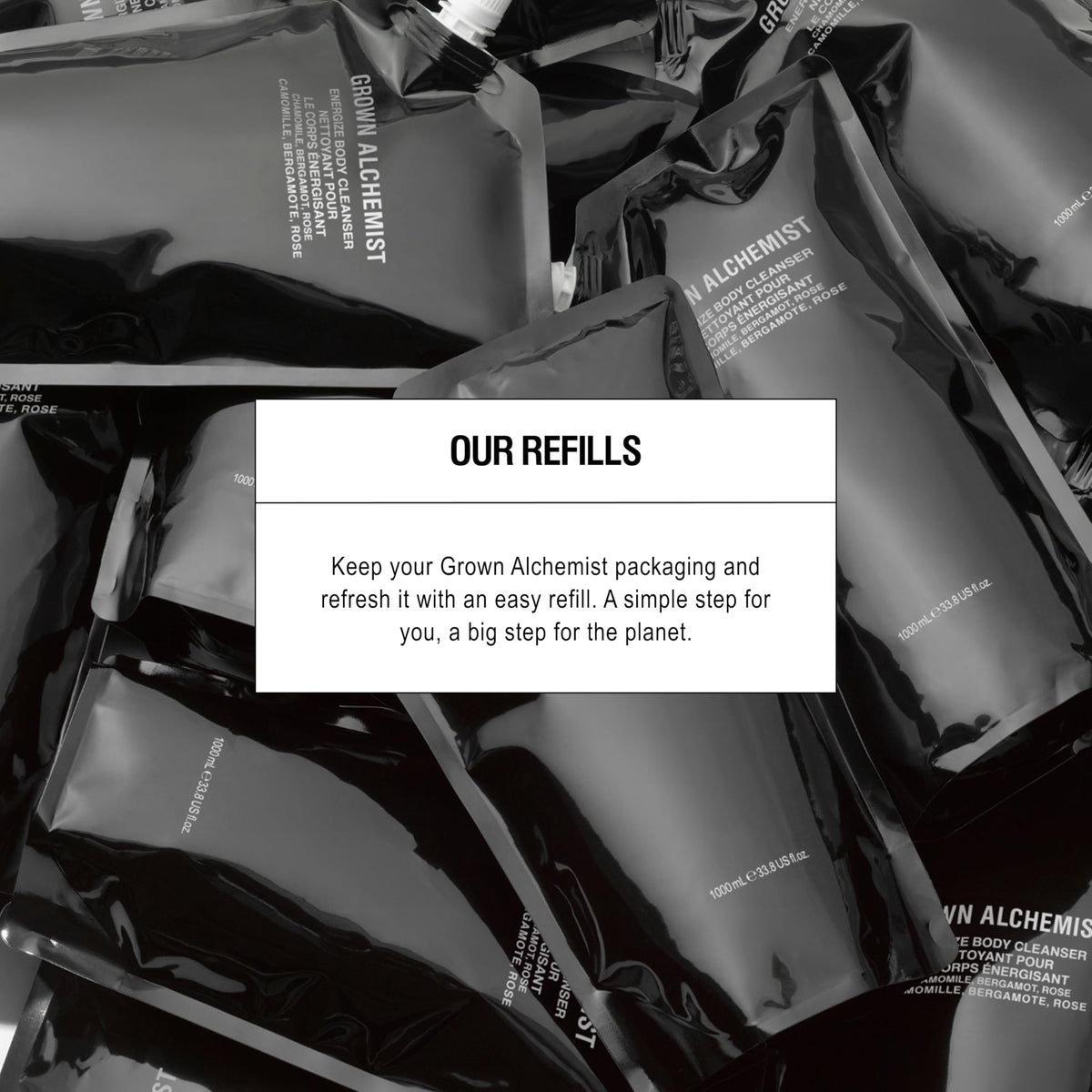 Grown Alchemist Energize packaging highlights eco-friendly design and refill convenience.