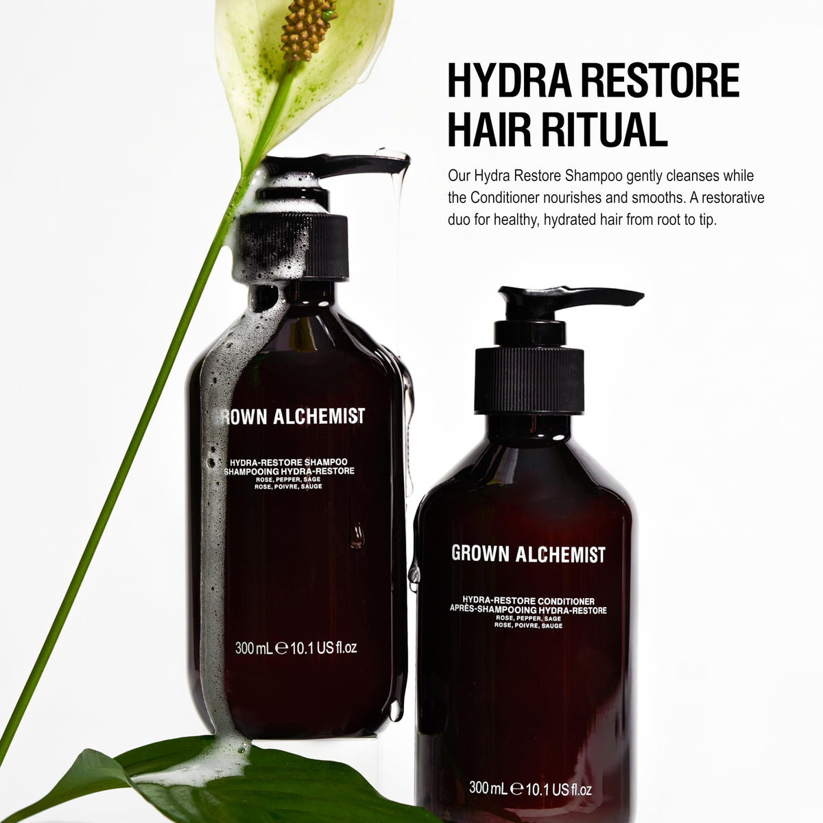 Daily-use setup on a bathroom counter suggests an easy hair care routine.