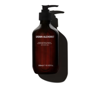 Grown Alchemist Hydra-Restore bottle shows daily hydration with rose, pepper and sage.