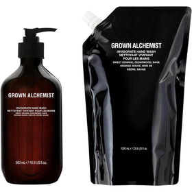 Grown Alchemist Invigorate hand wash bottle pour highlights a refreshing aloe-based cleanse