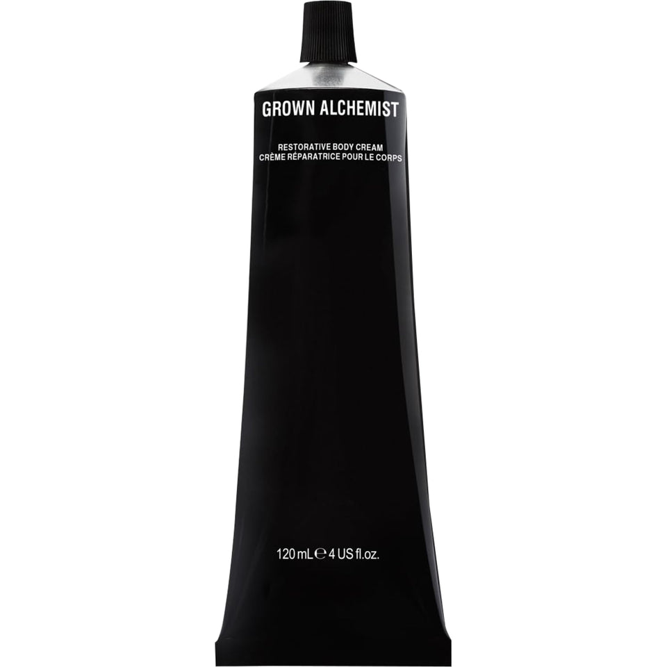 Grown Alchemist Restorative Body Cream bottle with Mandarin for quick hydration.