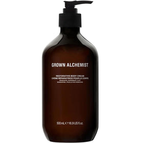 Grown Alchemist Restorative Body Cream packaging and 500ml bottle for luxurious hydration.