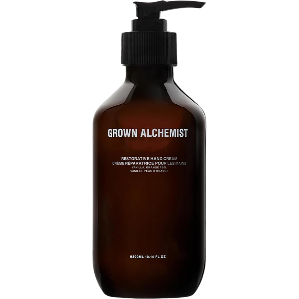 Grown Alchemist Restorative Hand Cream bottle with vanilla and orange peel scent for daily moisture
