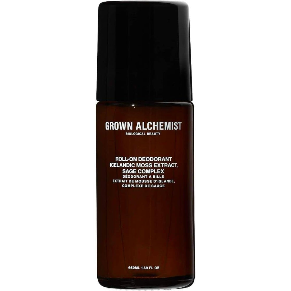 Grown Alchemist roll-on bottle closeup with Icelandic moss extract for odor control.