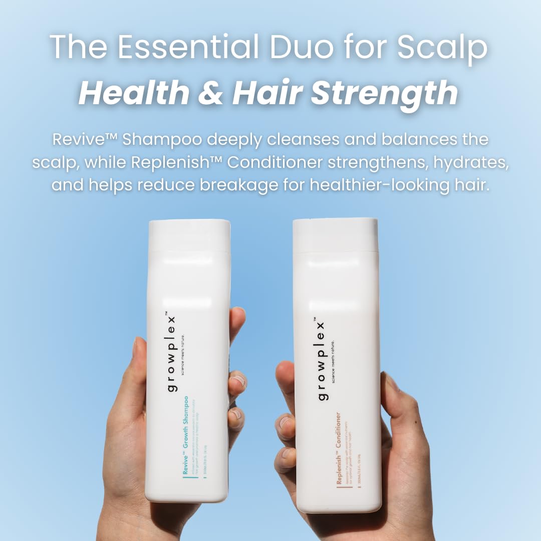 Growplex Replenish Conditioner bottle delivering lightweight hydration for softer hair.