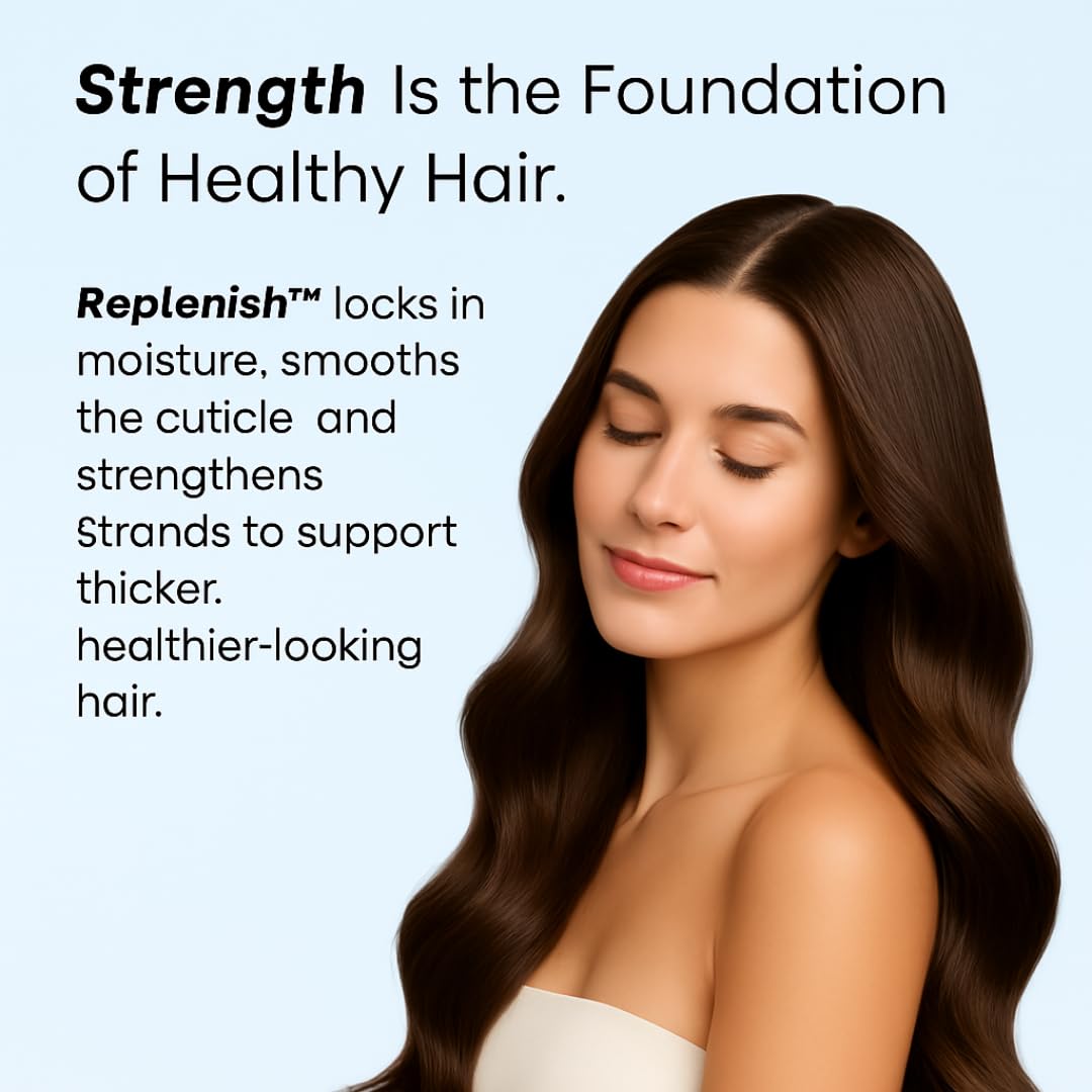 Growplex Replenish ingredients label close-up emphasizing biotin and nourishing oils for stronger strands.