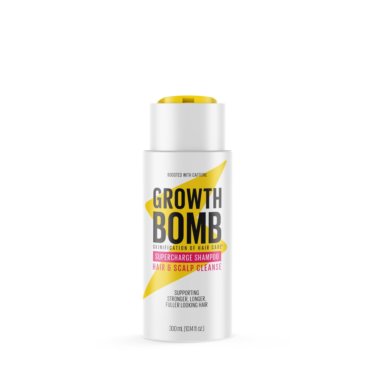 Growth Bomb Supercharge Shampoo bottle with tea tree for scalp detox and refreshing cleanse.