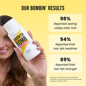 Growth Bomb Supercharge Shampoo curly hair routine for fuller-feeling strands.