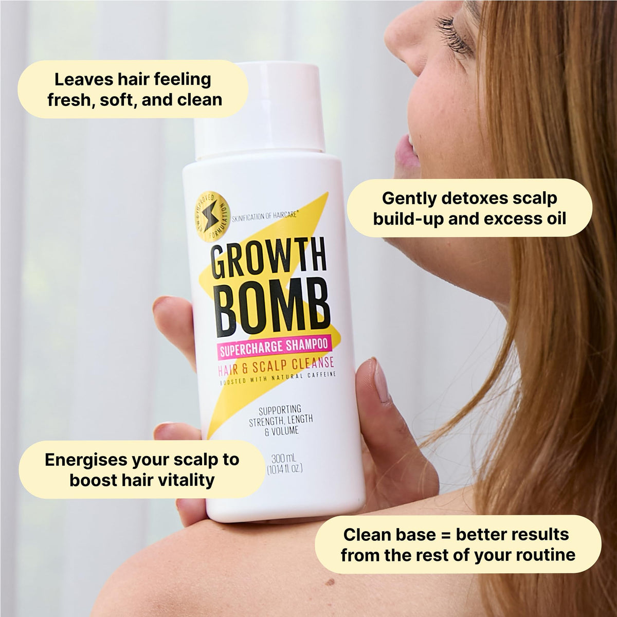 Growth Bomb Supercharge Shampoo scalp detox close-up highlighting refreshing tingle.