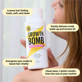 Growth Bomb Supercharge Shampoo scalp detox close-up highlighting refreshing tingle.