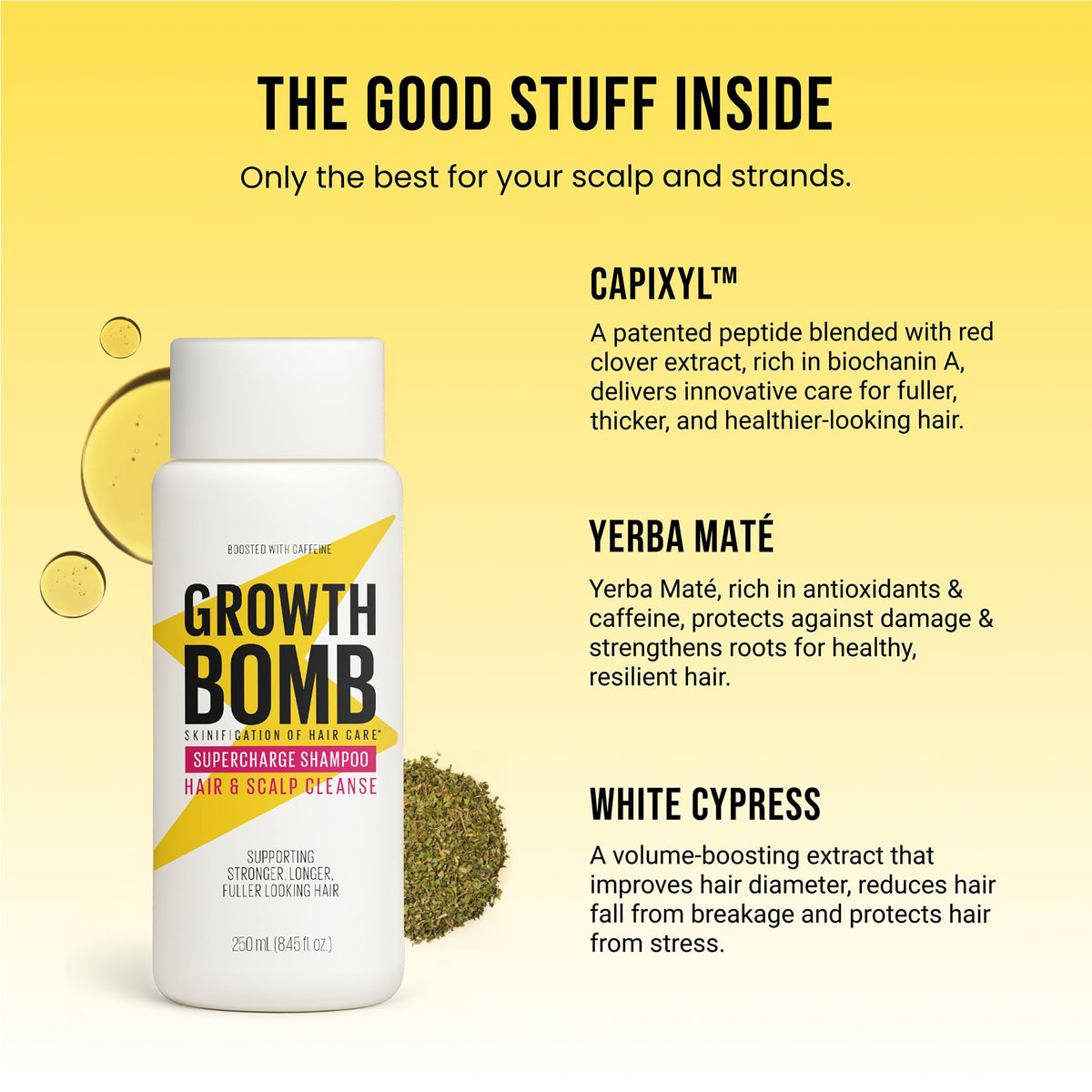 Growth Bomb Supercharge Shampoo Yerba Mate ingredient powering plant-based scalp care.
