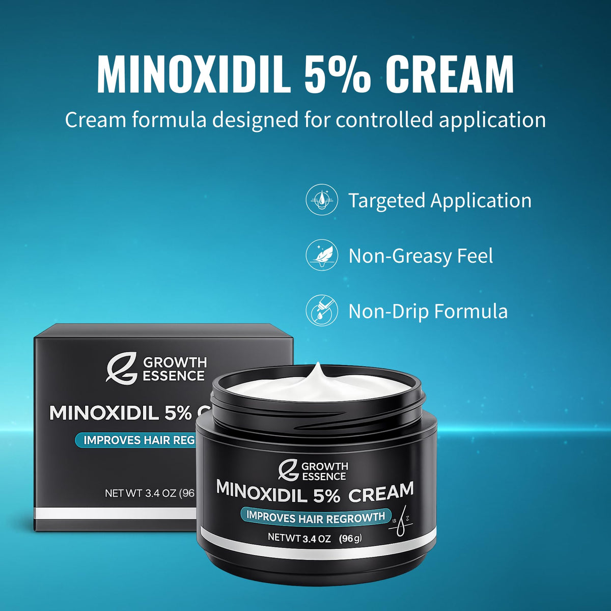 Growth Essence minoxidil 5% cream close-up showing creamy texture.