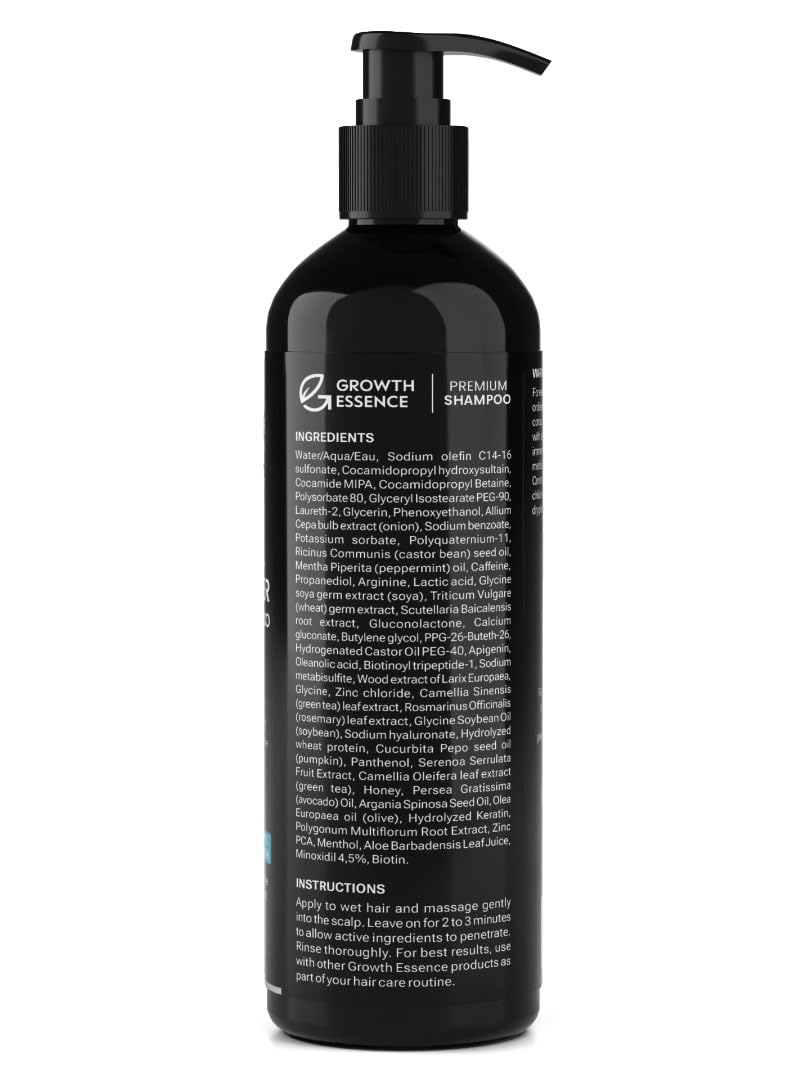 Growth Essence daily use label closeup communicates safe, free of sulfates and parabens