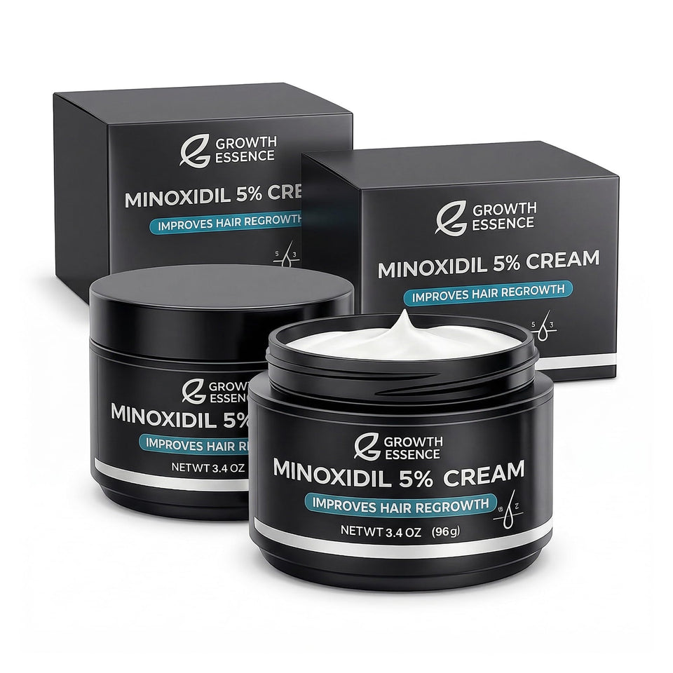Growth Essence Minoxidil 5% cream jar front view for targeted hairline support.