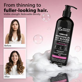 Growth Essence minoxidil shampoo biotin caffeine keratin ingredients visible.