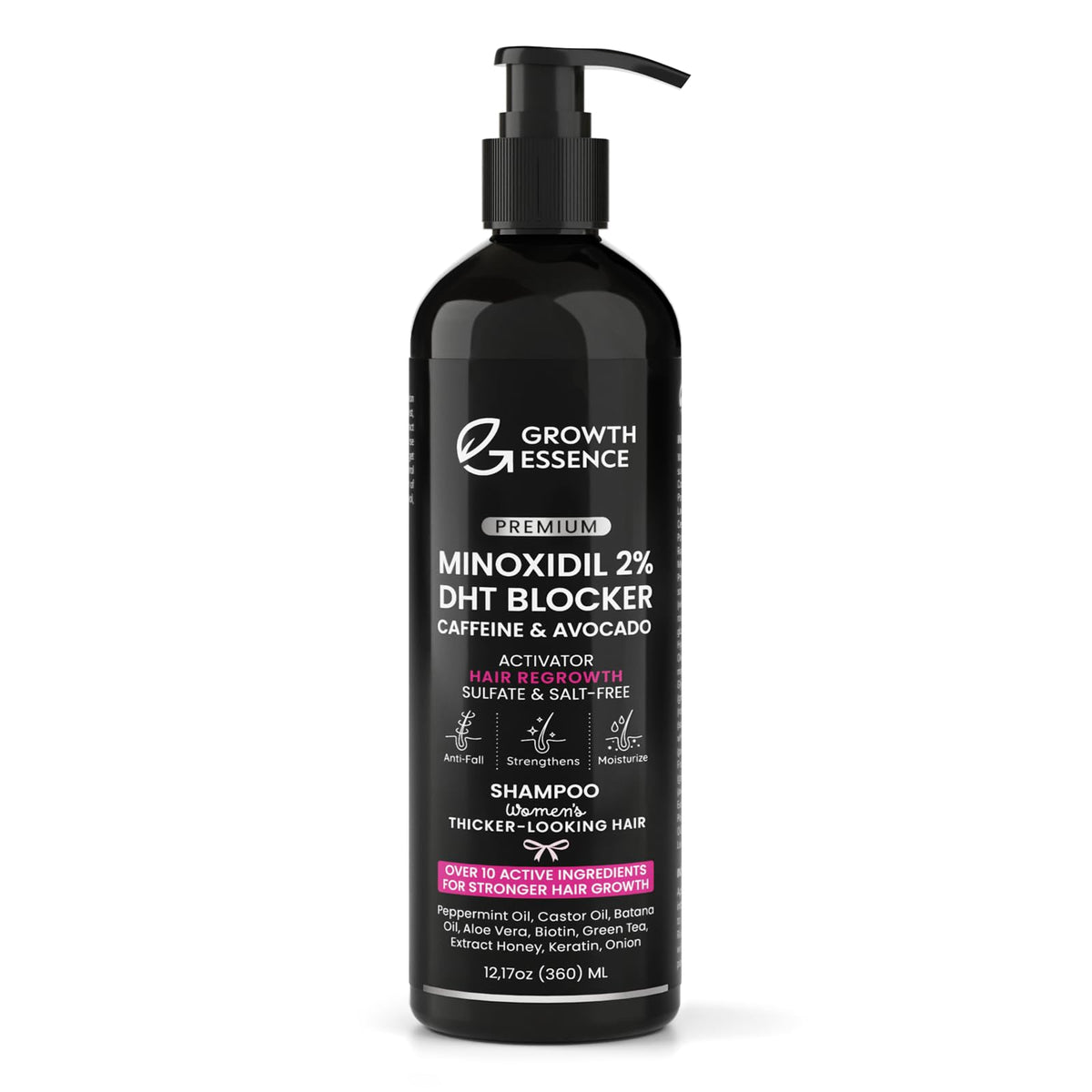 Growth Essence minoxidil shampoo bottle displaying thinning hair care solution.