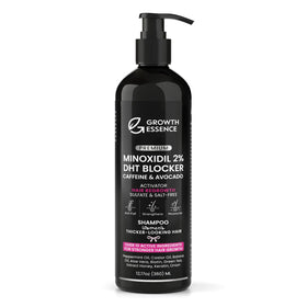 Growth Essence minoxidil shampoo bottle displaying thinning hair care solution.