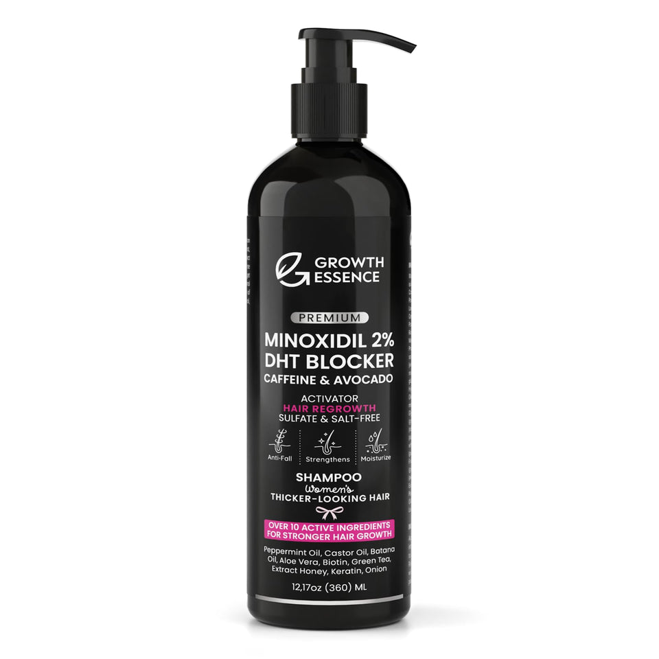 Growth Essence minoxidil shampoo bottle displaying thinning hair care solution.