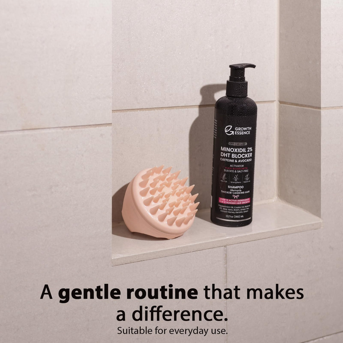 Growth Essence minoxidil shampoo cap closeup and bottle design.