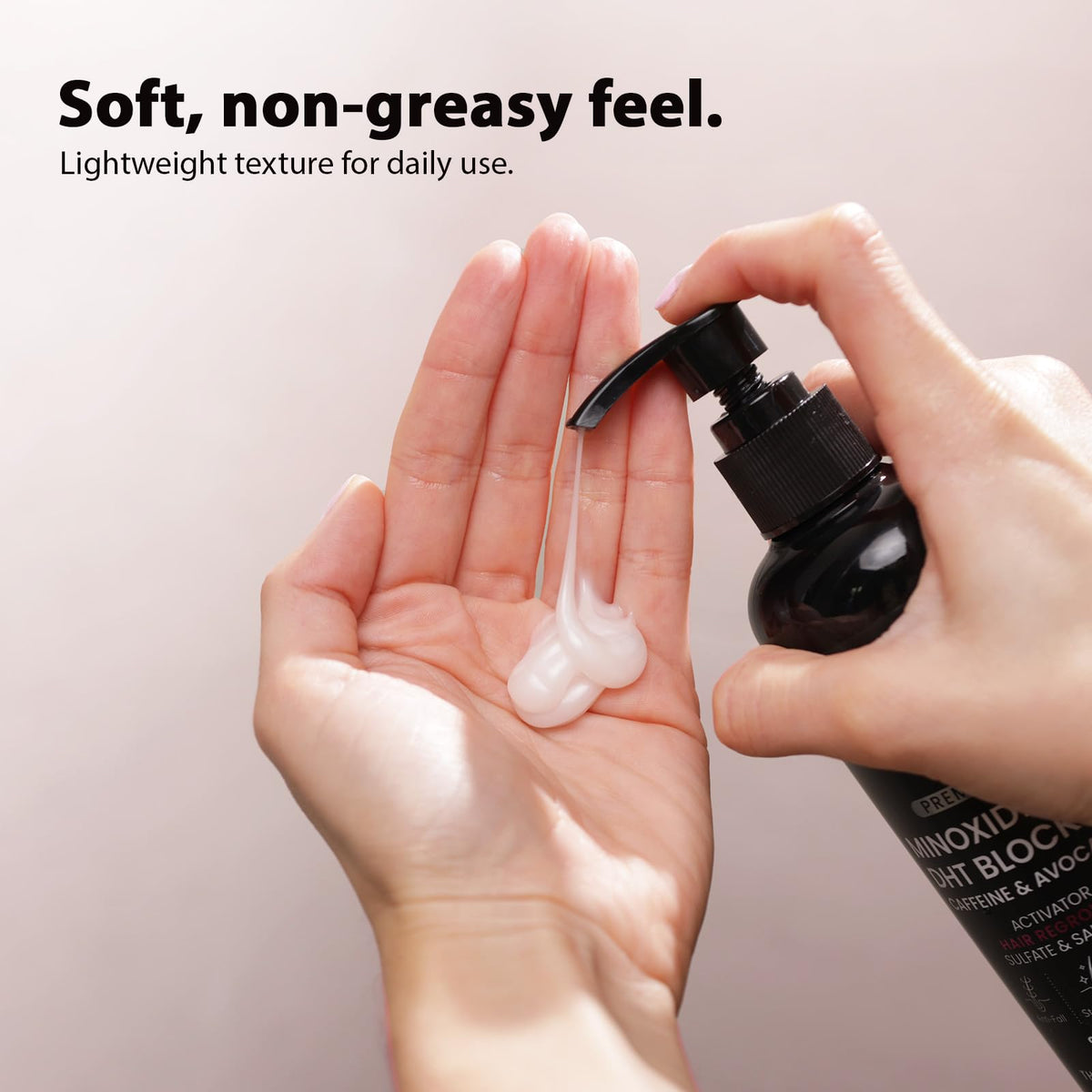 Growth Essence minoxidil shampoo daily-use bottle in bathroom.