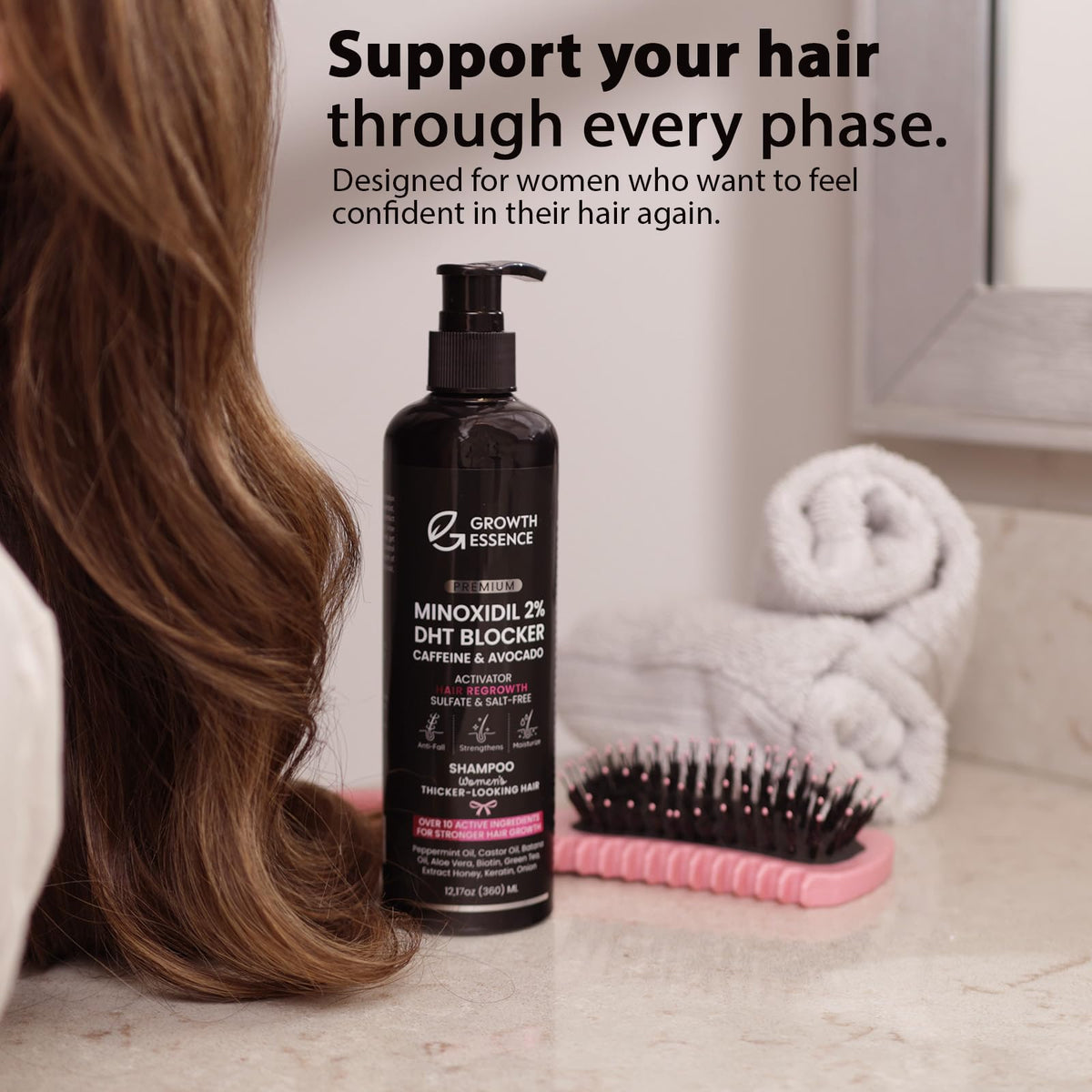 Growth Essence minoxidil shampoo foamy lather with luxurious cleansing.