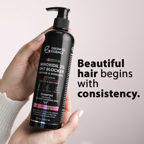 Growth Essence minoxidil shampoo with green tea and rosemary botanicals.