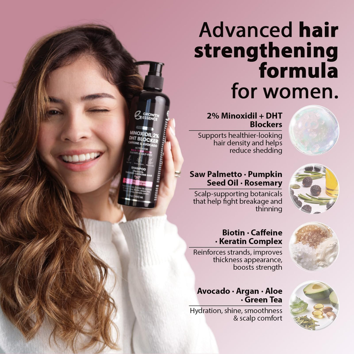 Growth Essence minoxidil shampoo label closeup highlights 2% minoxidil formula.