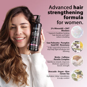 Growth Essence minoxidil shampoo label closeup highlights 2% minoxidil formula.