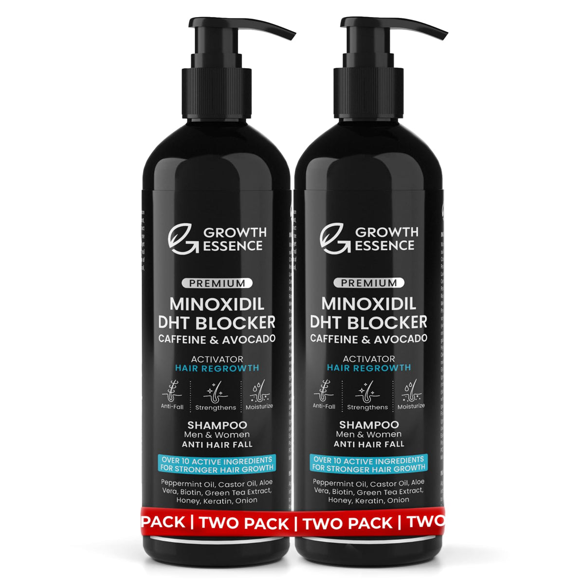 Growth Essence Twopack bottle pours, gentle sulfate-free daily care for thinning hair
