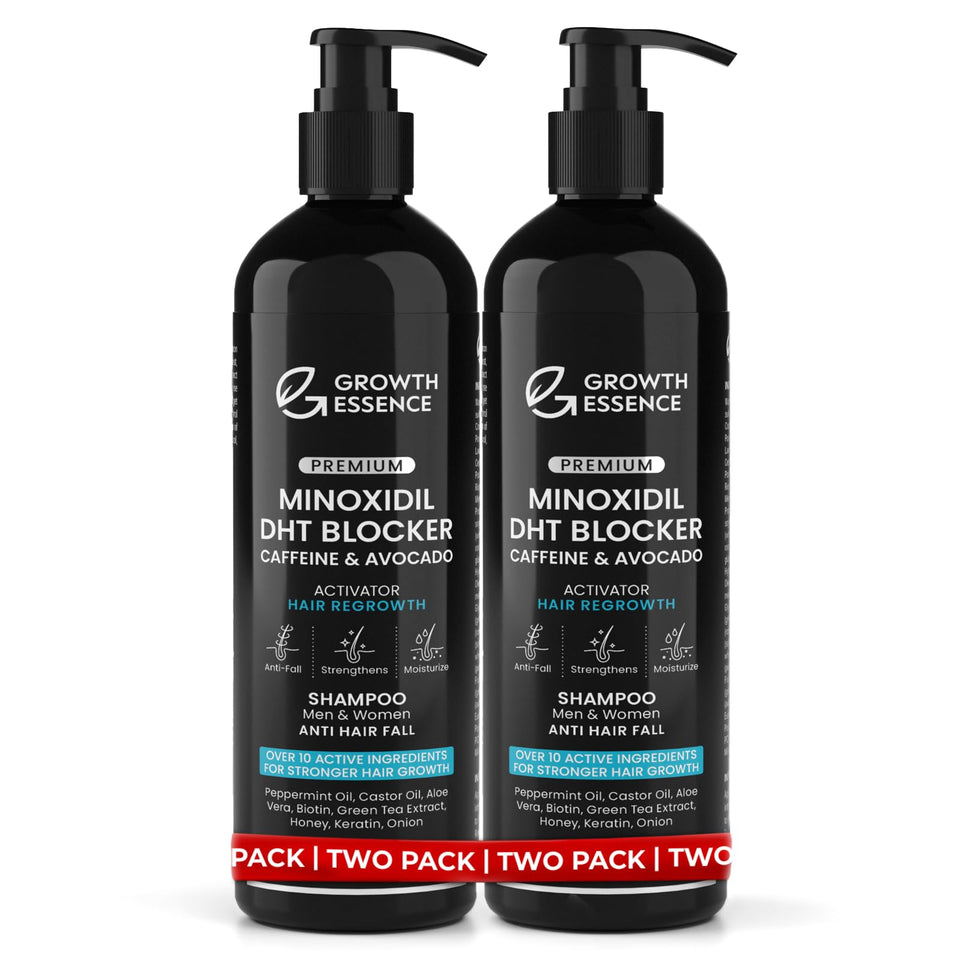 Growth Essence Twopack bottle pours, gentle sulfate-free daily care for thinning hair