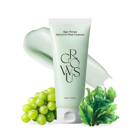GROWUS Algae Therapy bottle demonstrates lightweight, silicone-free leave-in care for frizz reduction.