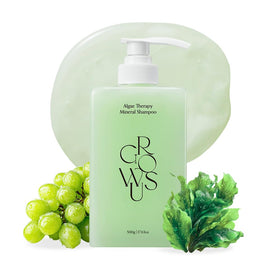GROWUS Algae Therapy shampoo bottle pour shows easy dispensing and cleansing benefits