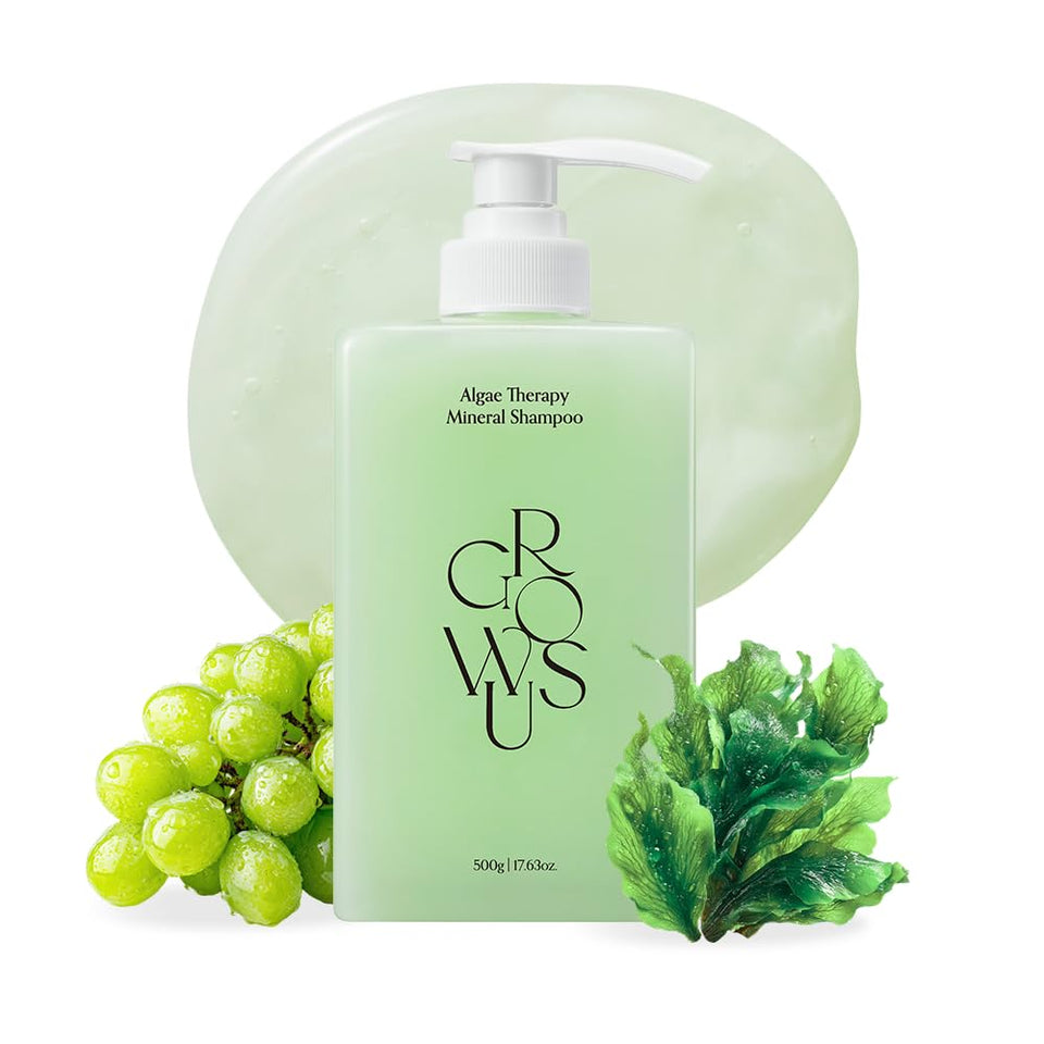 GROWUS Algae Therapy shampoo bottle pour shows easy dispensing and cleansing benefits