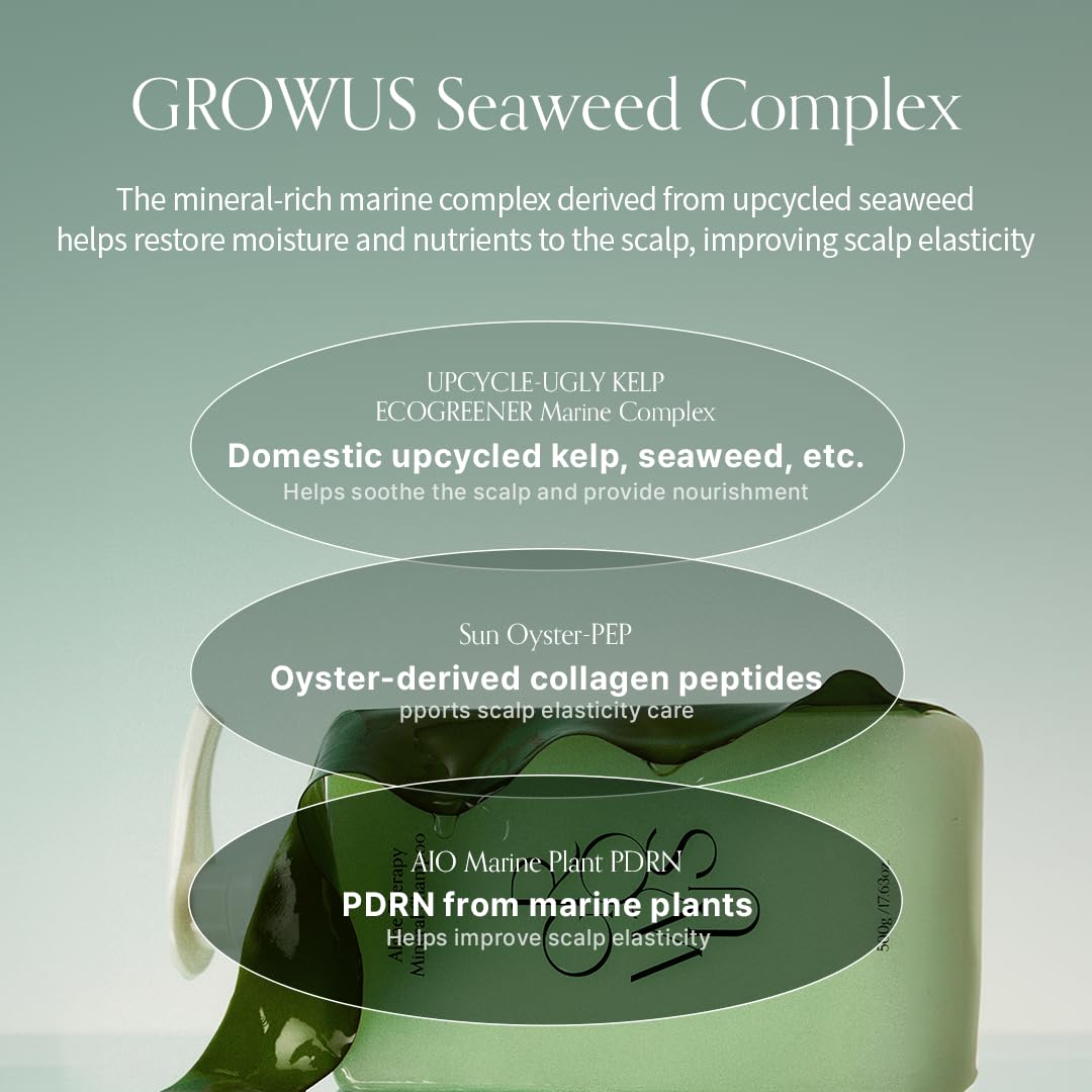 Close-up of seaweed ingredients in GROWUS Algae Therapy shampoo for hydration