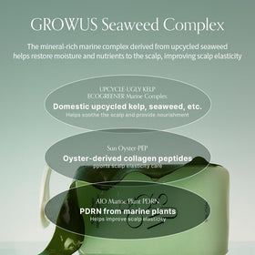 Close-up of seaweed ingredients in GROWUS Algae Therapy shampoo for hydration