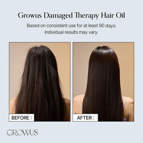 GrowUS Damage Therapy Hair Oil highlights Himalayan Pink Salt and Pearl Extract for moisture