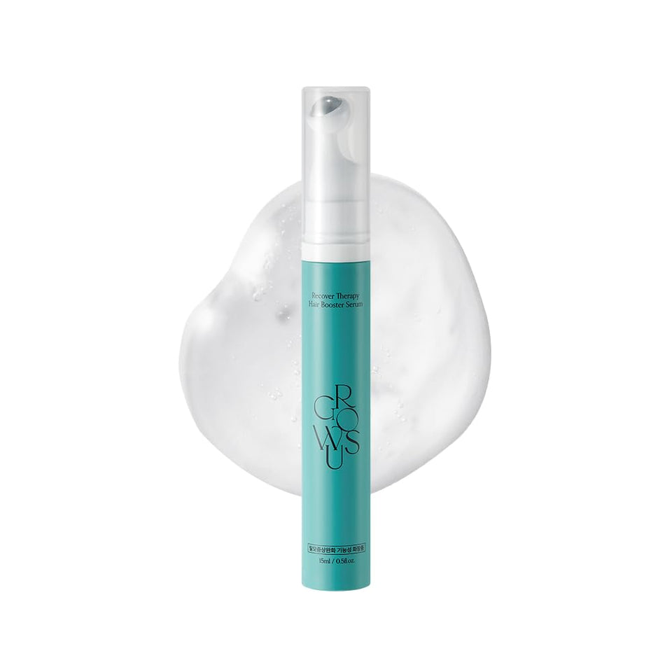 GROWUS Recover Therapy Booster Serum roll-on bottle shown for easy scalp application and targeted care