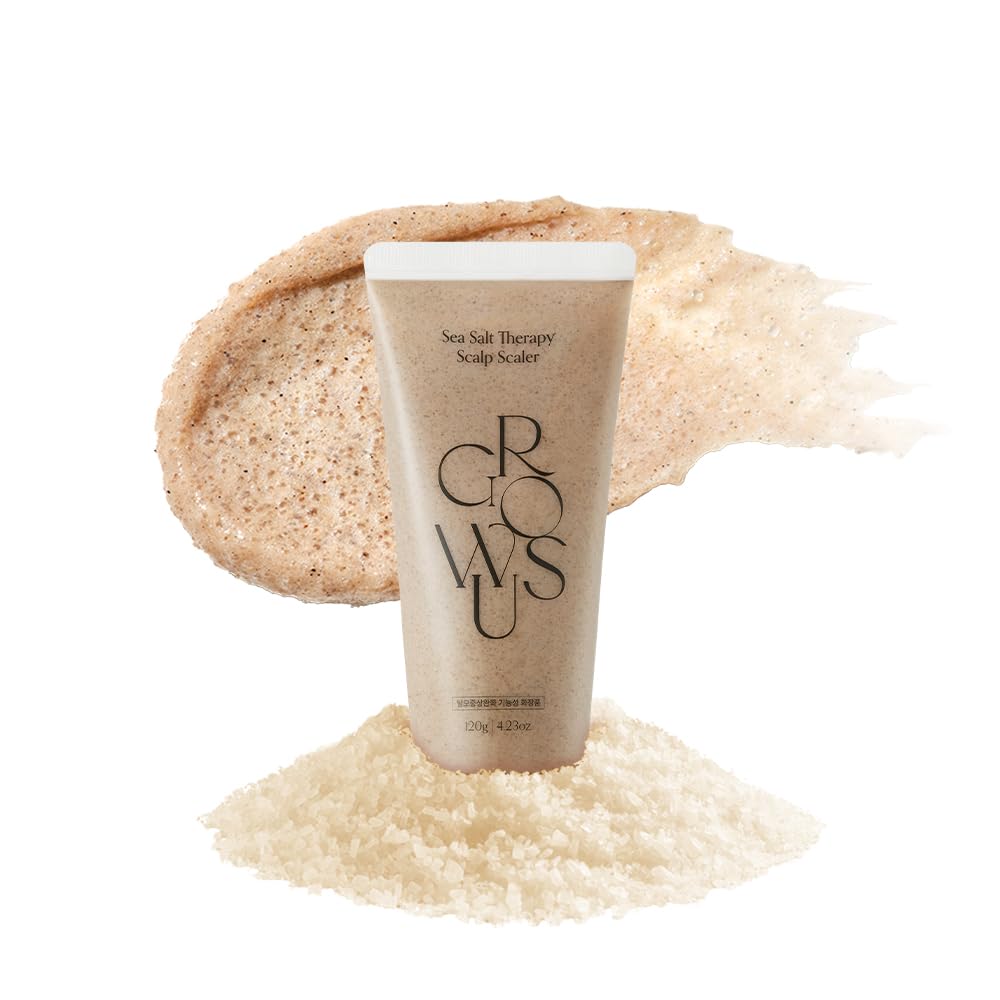 GROWUS Sea Salt Therapy Scalp Scaler bottle shows mineral cleanse for a refreshed scalp
