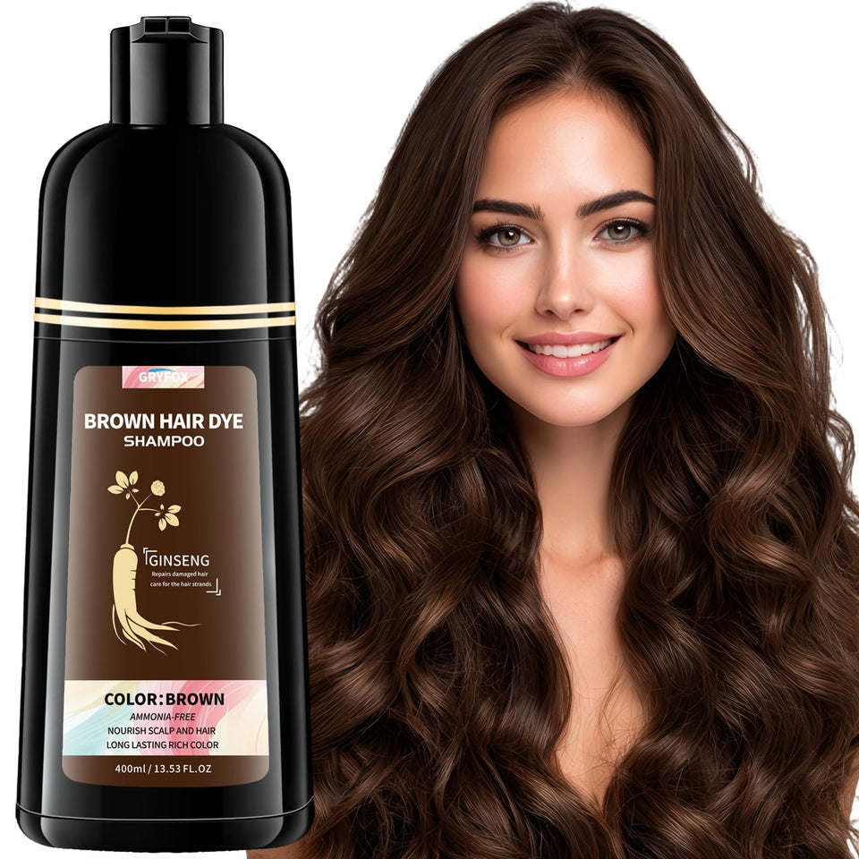 GRYFOX brown hair dye shampoo packaging shows easy at-home gray coverage.