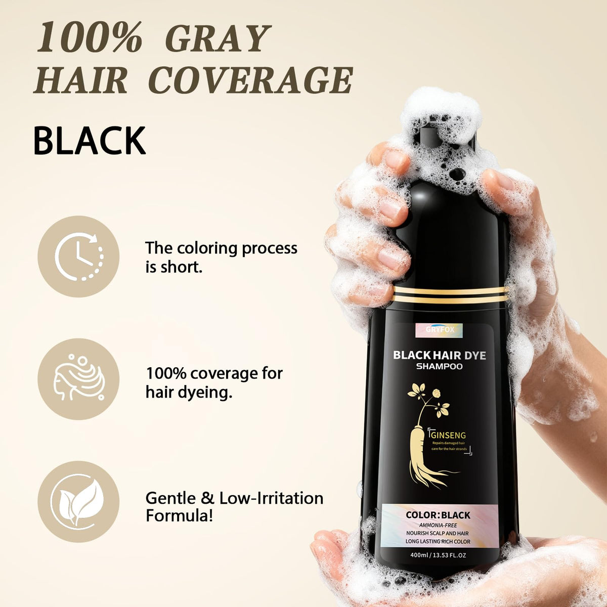 GRYFOX Fast gray coverage in 15-20 minutes graphic highlights efficiency.