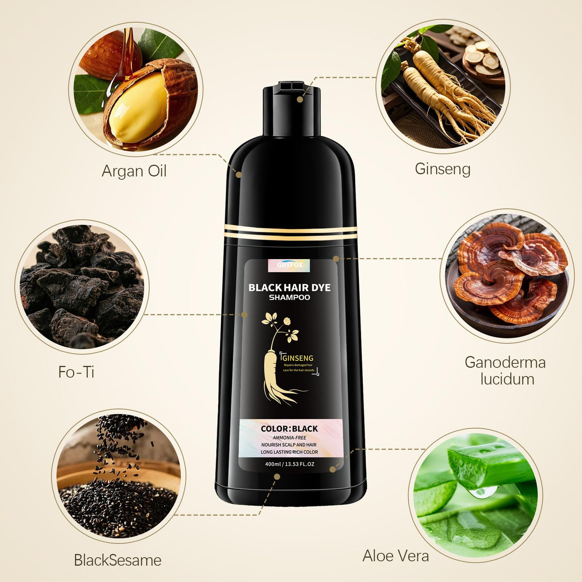 GRYFOX Argan oil and herbal extracts on bottle highlight nourishing scalp benefits.