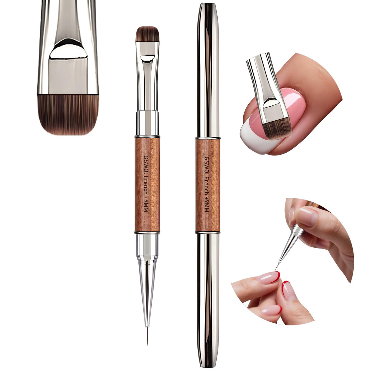 GSWOI dual-head nail brush displaying precise French tip on a natural nail