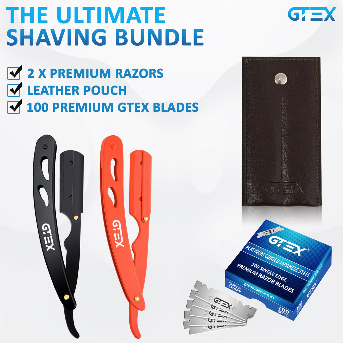 GTEX two-razor set in box showcases professional-grade tools for home grooming.